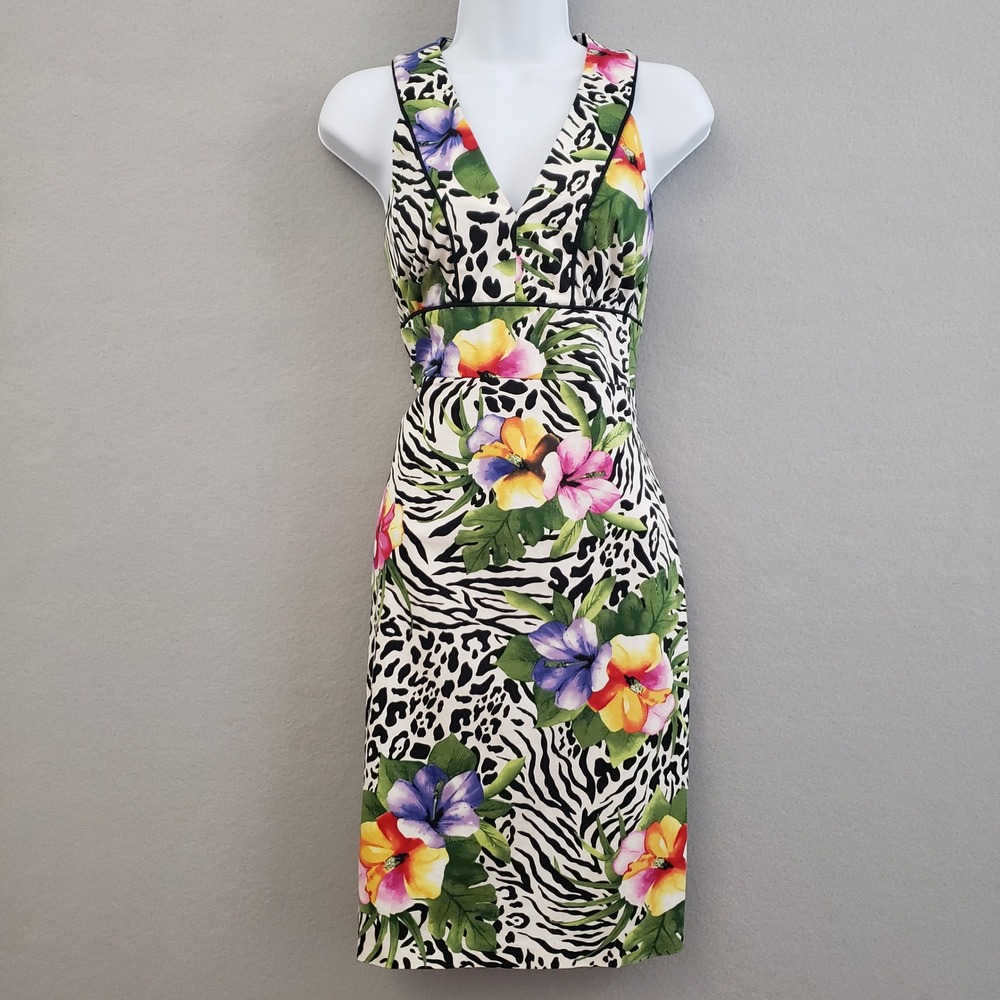 Madison Women Size 4 Tropical Floral Animal Print Sheath Dress V-Neck Cotton Mix